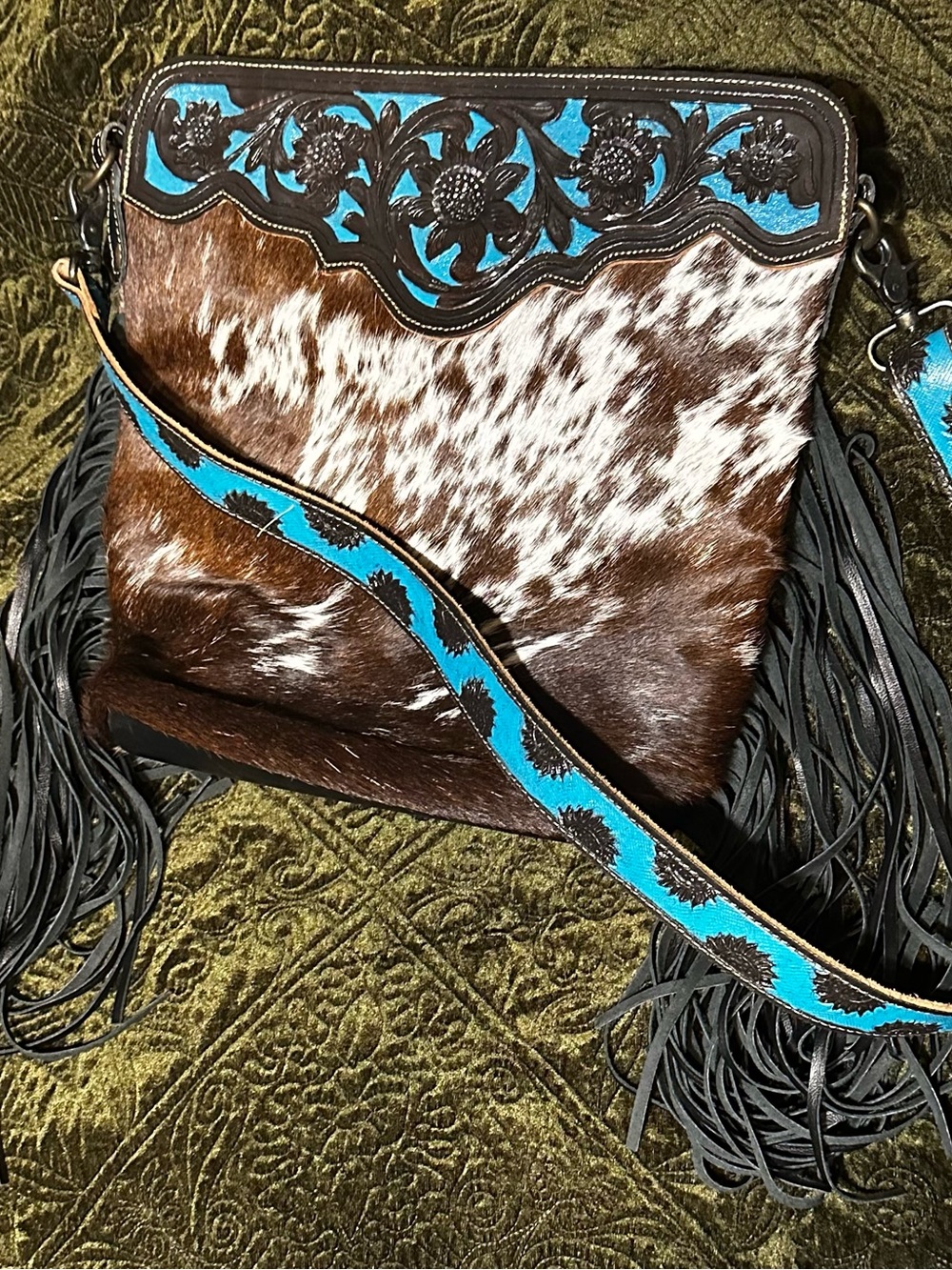 Myra Bag Brown & Turquoise Haircalf Fringe Crossbody